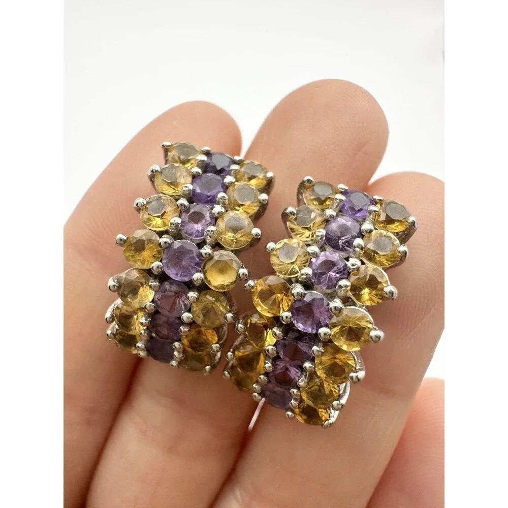 925 Sterling Silver Citrine Amethyst Earrings Half Hoop Post